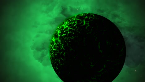CGI-Zoom-in-by-green-alien-planet-in-front-of-green-nebula,-space,-wide-view