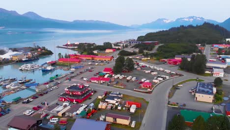 4K-Drone-Video-of-Harbor-with-Fishing-Boats-in-Valdez,-AK-during-Sunny-Summer-Day