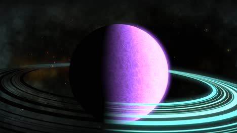 CGI-zoom-in-towards-purple-saturn-like-alien-planet-with-blue-rings-in-front-of-black-cloudy-nebula,-space,-wide-view