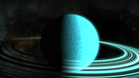 CGI-zoom-in-towards-aqua-saturn-like-alien-planet-with-blue-rings-in-front-of-black-cloudy-nebula,-space,-wide-view