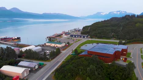 4K-Drone-Video-of-Valdez-Whitter-Cruise-Port-in-Boat-Harbor-at-Valdez,-AK-during-Sunny-Summer-Day