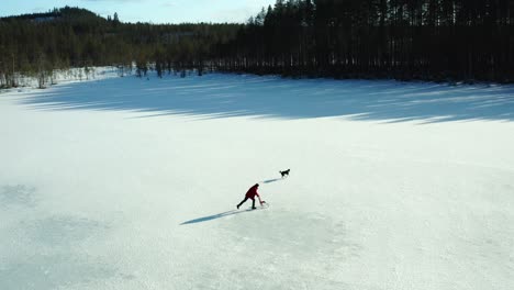 Person-in-red-jacket-Ices-kating-behind-a-chair-while-the-dog-is-running-over-on-a-frozen-lake-with-long-shadows-of-the-needle-forest-in-Finland-on-a-sunny-day