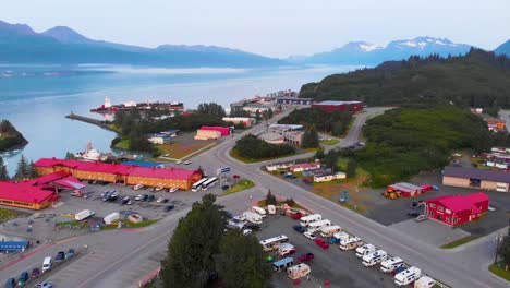 4K-Drone-Video-of-US-Coast-Guard-Station-at-Port-Valdez-in-Valdez,-AK-during-Sunny-Summer-Day