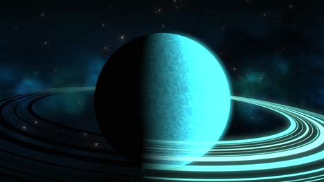 CGI-zoom-in-towards-aqua-saturn-like-alien-planet-with-blue-rings-in-front-of-blue-green-nebula,-space,-wide-view