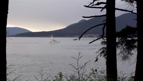 Motor-Yacht-Cruising-In-The-Calm-Sea-In-The-Morning-Seen-From-Washington-Park-In-Anacortes,-USA