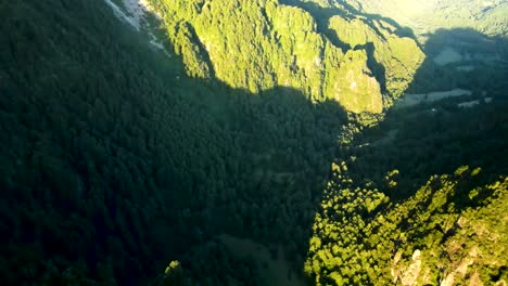 Aerial-dolly-in-over-Andean-mountains-covered-in-green-dense-rain-forest-in-El-Leon-viewpoint,-Chile