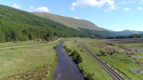 Low-tracking-shot-through-Glen-Lochy-above-the-river-and-between-the-road-and-the-railway
