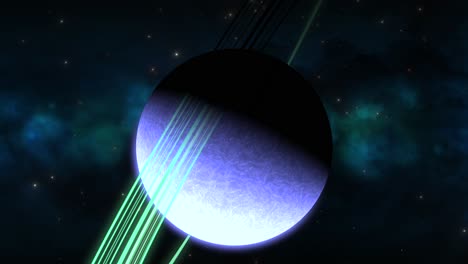 CGI-zoom-in-towards-blue-sideways-saturn-like-alien-planet-with-green-rings-in-front-of-blue-green-nebula,-space,-wide-view