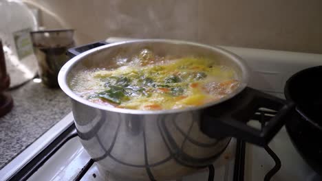 Nahrhafte-Gemüsesuppe,-Die-In-Einem-Edelstahltopf-Mit-Dampf-Kocht