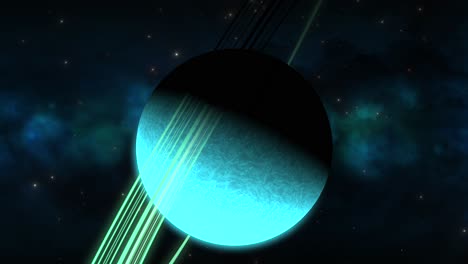 Cgi-Zoom-In-Richtung-Aqua-Seitwärts-Saturnartiger-Außerirdischer-Planet-Mit-Grünen-Ringen-Vor-Blaugrünem-Nebel,-Raum,-Weiter-Blick