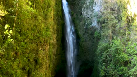 Tilt-down-of-hidden-Mili-Mili-waterfall-streaming-into-natural-pool-surrounded-by-dense-green-vegetation,-Coñaripe,-Chile