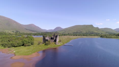 Low-aerial-push-in,-heading-East-over-Loch-Awe-passing-Kilchurn-Castle