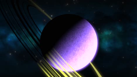 CGI-zoom-in-towards-purple-sideways-saturn-like-alien-planet-with-yellow-rings-in-front-of-blue-green-nebula,-space,-wide-view
