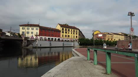 long-sequence-shot-of-milan's-navigli-river-dock-area-empty-and-deserted-with-few-people-walking-with-face-mask