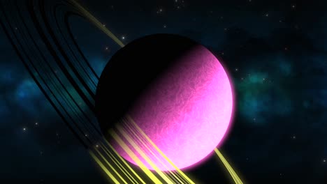 CGI-zoom-in-towards-pink-sideways-saturn-like-alien-planet-with-yellow-rings-in-front-of-blue-green-nebula,-space,-wide-view