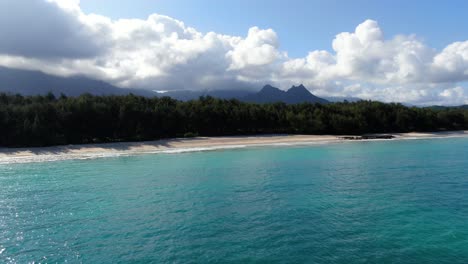 Langsam-Vom-Friedlichen-Tropischen-Hawaiianischen-Strand-Wegfliegen,-Der-Von-Dschungel-Umgeben-Ist