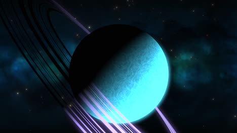 CGI-zoom-in-towards-aqua-sideways-saturn-like-alien-planet-with-purple-rings-in-front-of-blue-green-nebula,-space,-wide-view