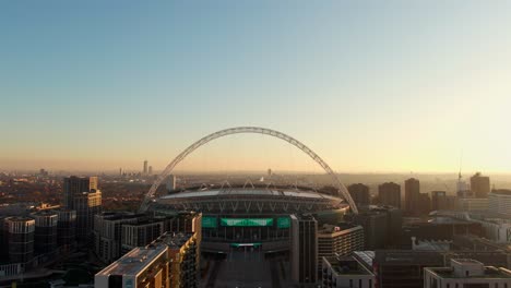 Drone-approaching-Wembley-Stadium-entrance,-London