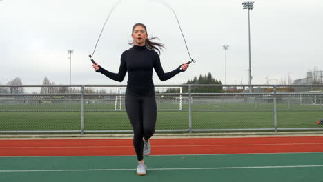 Pretty-Sporty-Girl-Jumping-Rope-on-Cloudy-Outdoor-Track,-Slow-Motion