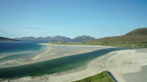 Calm-colorful-atlantic-ocean-water-between-beautiful-sandy-Seilebost-Beach-at-Isle-of-Harris-on-the-Outer-Hebrides-Scotland
