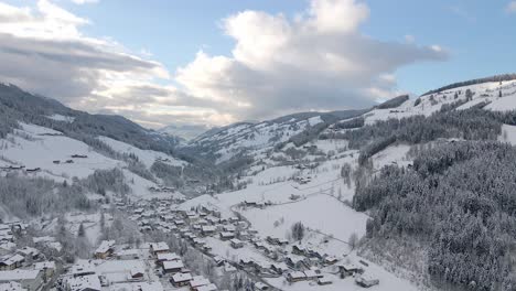 Aerial-shot-of-a-snow-covered-mountain-town