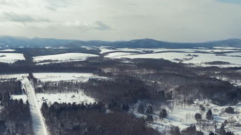 Aerial-Flying-Over-Snow-Covered-Woodland-Landscape-In-Hokkaido