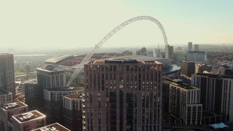 Aerial-drone-flying-towards-famous-Wembley-Stadium-in-London