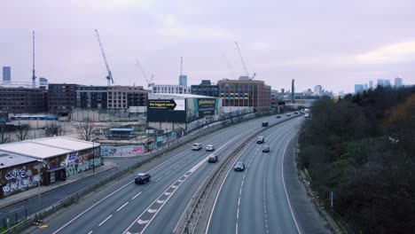 Drone-shot-flying-over-a-busy-major-road-in-London-on-a-weekend