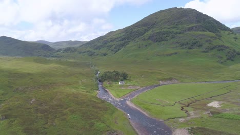 Aerial-pullback-shot-above-Abhain-Rath-towards-Loch-Treig,-Rannoch-Moor