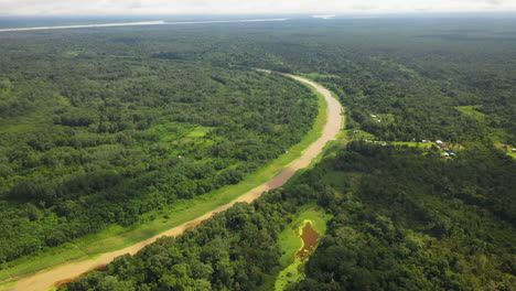 Wide-aerial-shot-of-the-amazon-river-and-the-Amazon-rainforest-surrounding-the-water-in-Peru