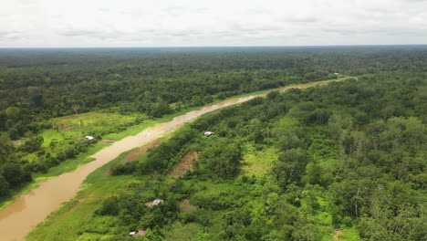 Cinematic-rotating-aerial-shot-of-the-Amazon-River-and-rainforest-with-a-few-small-buildings-in-the-forest-in-Peru