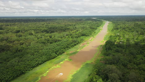 Wide-rotating-aerial-shot-of-the-amazon-river-and-the-Amazon-rainforest-surrounding-the-water-in-Peru