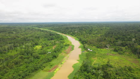 Wide-rotating-drone-shot-of-the-amazon-river-and-the-Amazon-rainforest-surrounding-the-water-in-Peru