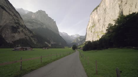 early-morning-walk-in-Lauterbrunnen-valley,-Switzerland-4k
