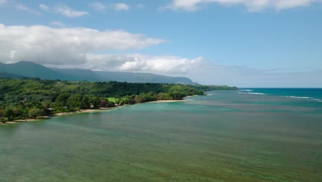 Wide-Aerial-Shot-orbiting-and-moving-away-from-Anini-Beach,-Kauai,-Hawaii