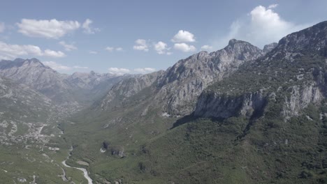 Frontal-drone-video-moving-over-the-Lumi-i-thethit-river-in-sh21,-albania,-with-the-mountains-in-front-as-the-main-shot