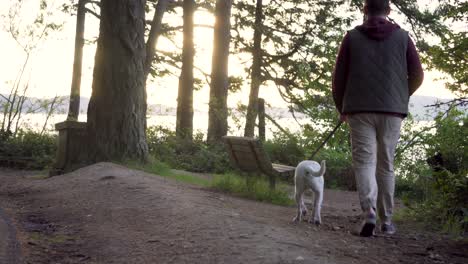 Man-With-Dog-On-Leash-Walking-At-Washington-Park-With-Ocean-Views-At-Sunrise-In-Anacortes,-Washington,-USA