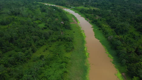 Tilting-up-drone-shot-of-the-Amazon-river-and-rainforest-in-Peru