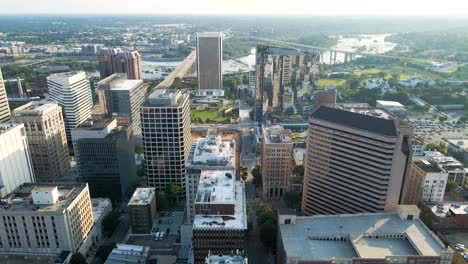 Downtown-Buildings-and-James-River-in-Richmond,-Virginia-|-Aerial-View-Panning-Up-|-Summer-2021