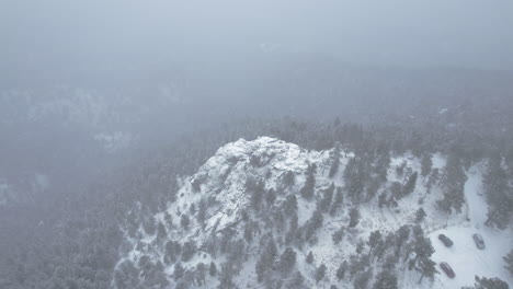 Drohnen-Luftaufnahmen,-Die-über-Schneebedeckte-Felsgipfel-In-Flatirons-Mountain-Boulder-Colorado-USA-Fliegen