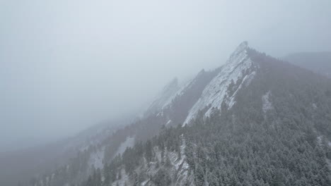 Drone-Aerial-Footage-Flying-Towards-Snowcapped-Flatirons-Mountain-Near-Boulder-Colorado-USA-During-Snowstorm-Blizzard