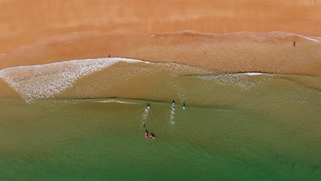 Menschen-Surfen-Im-Idyllischen-Klaren-Wasser-Mit-Goldenem-Strand