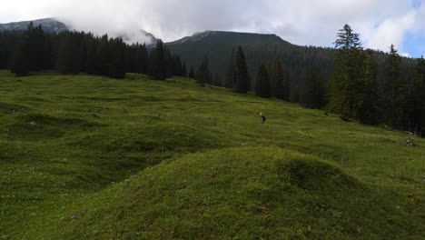 Man-hiking-up-Austrian-Alps-grass-and-fields
