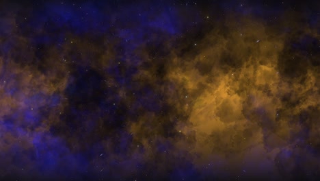 CGI-universe-zoom-through-of-stars-in-blue-orange-cloudy-nebula-in-space,-wide-view