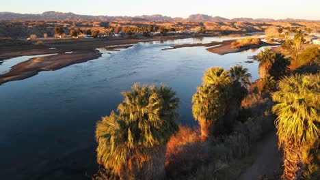 Eröffnungsaufnahme-Zur-Goldenen-Stunde-Einer-Drohne,-Die-über-Palmen-Fliegt-Und-Einen-Blauen-Fluss-In-Parker-Arizona-Zeigt