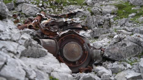 WW2-Rusty-Piece-of-bomber-engine-in-Austria-during-a-dogfight-over-Ehrwald,-Austria