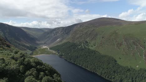 High-panoramic-view-Glendalough-Upper-Lake-on-Wicklow-mountains-valley,-Natural-Scenery