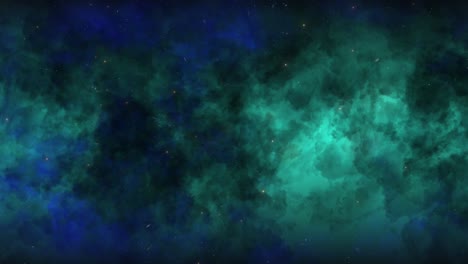 CGI-universe-zoom-through-of-stars-in-blue-aqua-cloudy-nebula-in-space,-wide-view