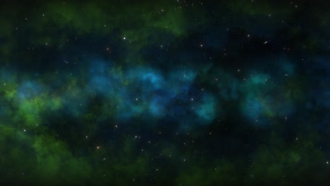 CGI-universe-zoom-through-of-stars-in-blue-green-cloudy-nebula-in-space,-wide-view