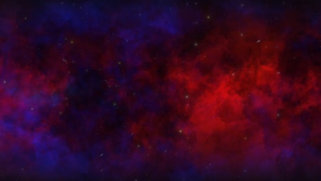 CGI-universe-zoom-through-of-stars-in-blue-red-cloudy-nebula-in-space,-wide-view